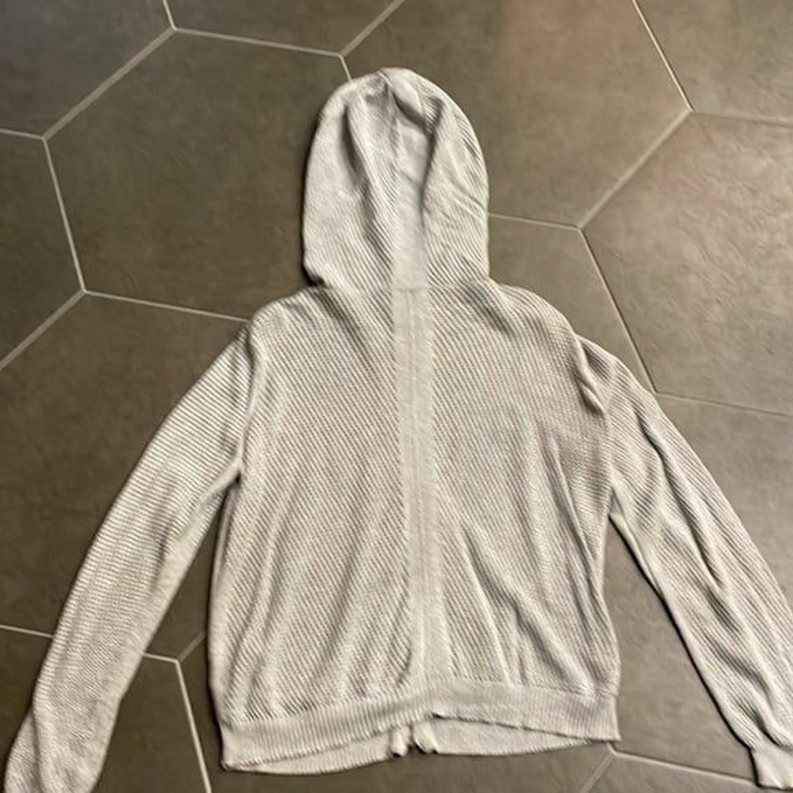 Eileen Fisher Gray Open Weave Hoodie Zip Front Sweater M