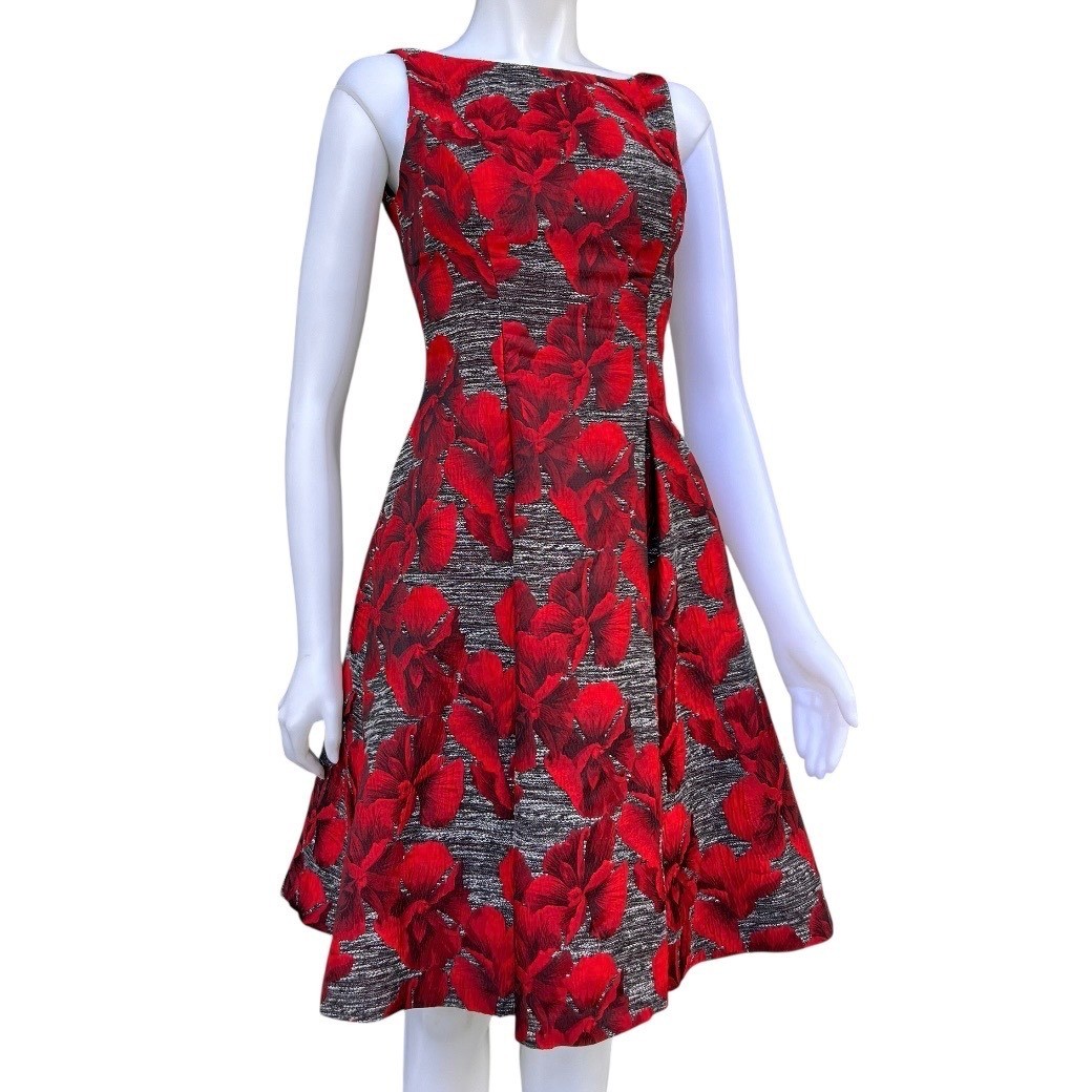 Adrianna Papell Floral Jacquard Fit & Flare Dress Red Black V-Back Old Money 4