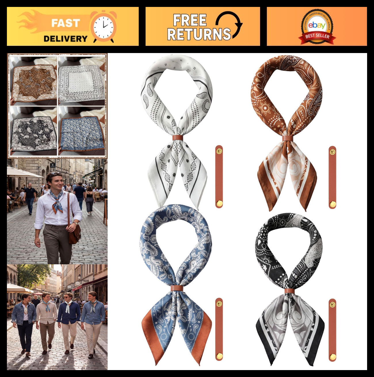 4 Pcs Silk Feeling Square Neck Scarves for Men, Leather Ring Pocket Squares, Cow