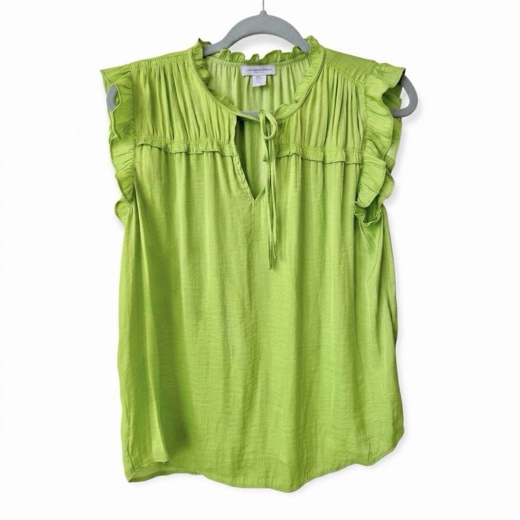 CAROLINA BELLE MONTREAL Blouse Ruffle Flutter Sleeve Keyhole Tie Lime Green S