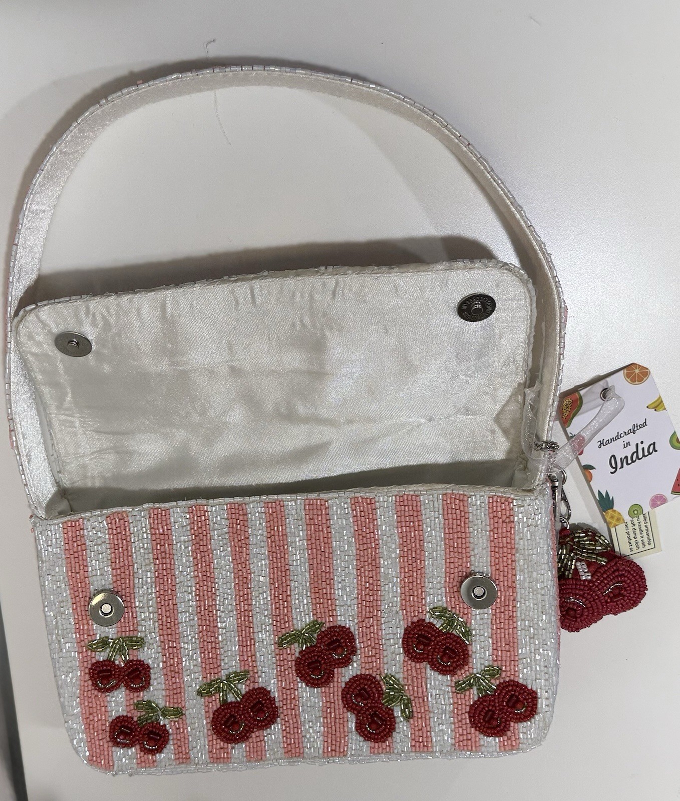 Beaded Striped Cherry Motif Shoulder Bag Purse w/ Charm, Lined Magnetic
