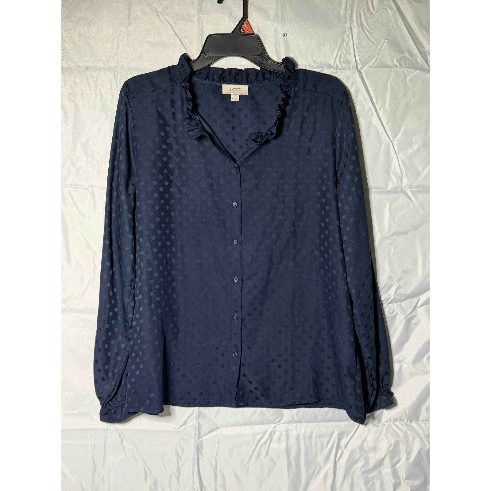 Loft Outlet Navy Blue Polka Dot Ruffle Collar Button Down Blouse Medium Womens