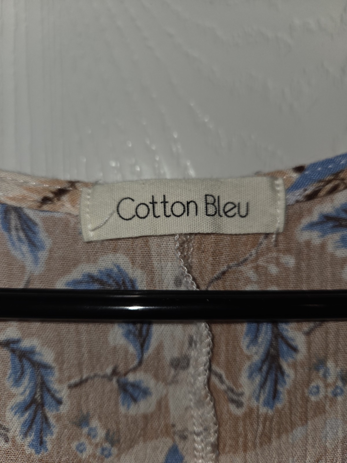 Cotton Bleu M Beige Blue Floral Sheer Chiffon Round Neck Short Sleeve Blouse