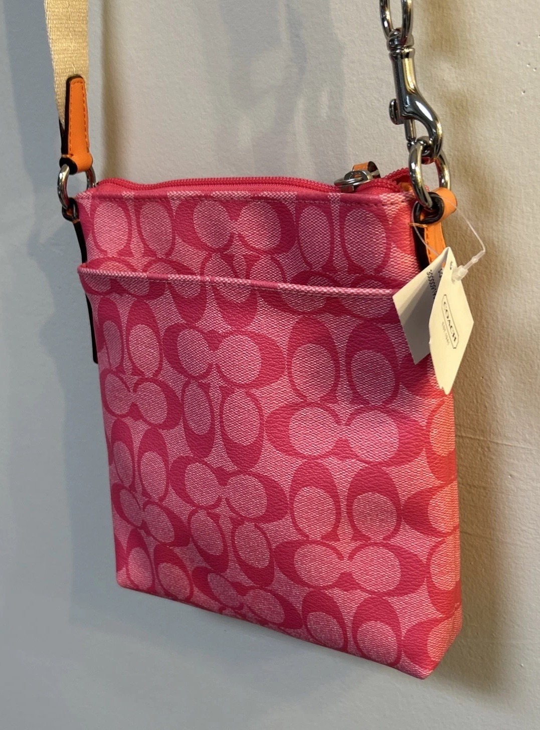 NWT COACH Signature MESSENGER CROSSBODY BAG PINK Orange Carrier Purse Swingpack