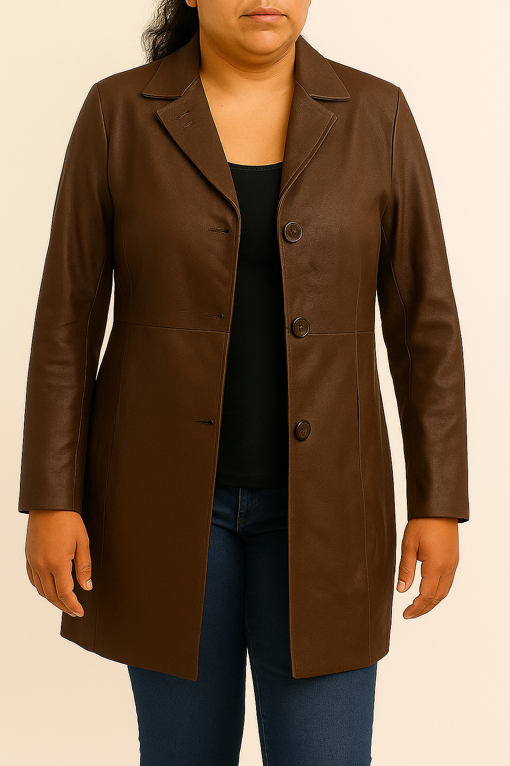 Women’s Brown Genuine Leather Coat Jacket – Classic Button Front – Holiday Speci