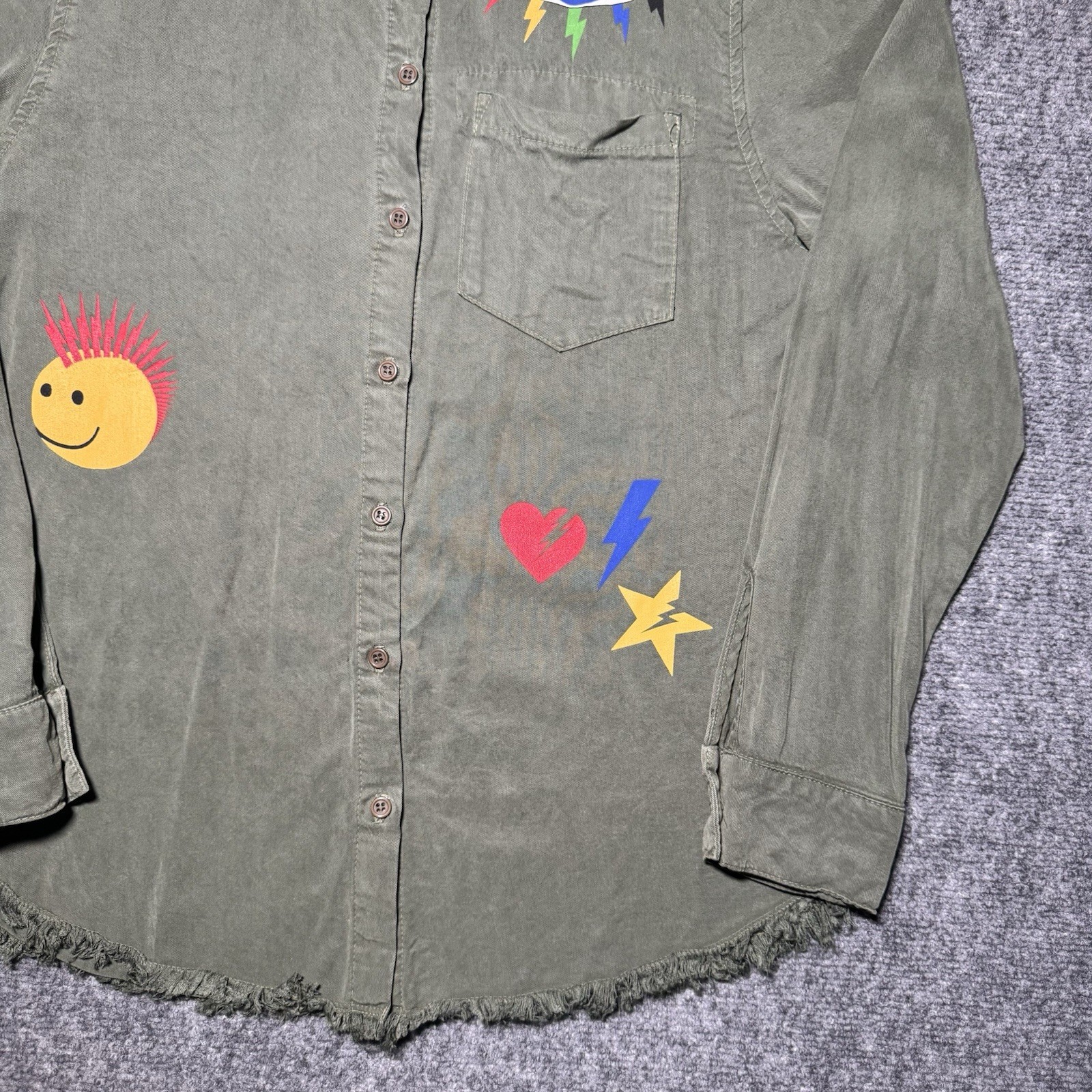 Lauren Moshi Military Green Button Up Shirt Eye Peace Smile Frayed Long Sleeve S