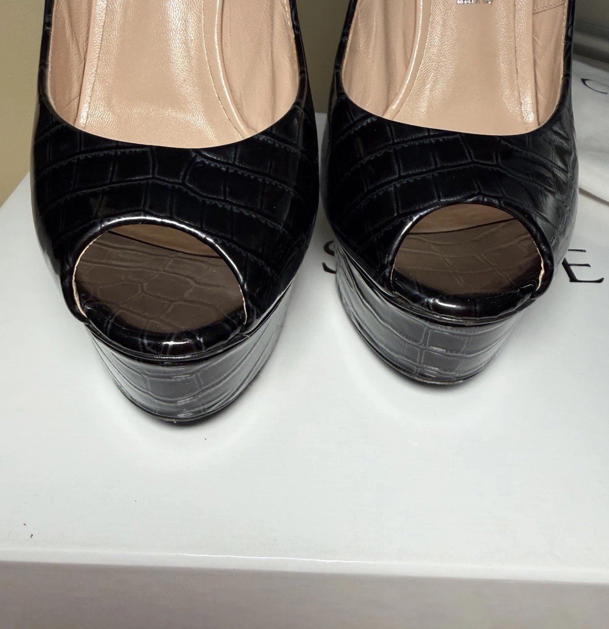 Authentic Casadei Black Croc Embossed Leather Peep Toe Platform Heels EU 36.5