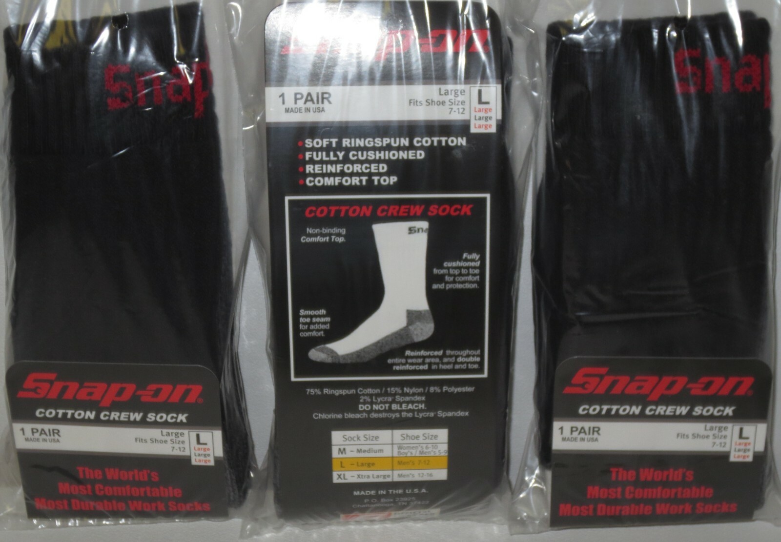 6 PAIRS – Snap-On Crew Socks Men’s BLACK – LARGE ~ FREE SHIP ~ MADE IN USA *NEW*