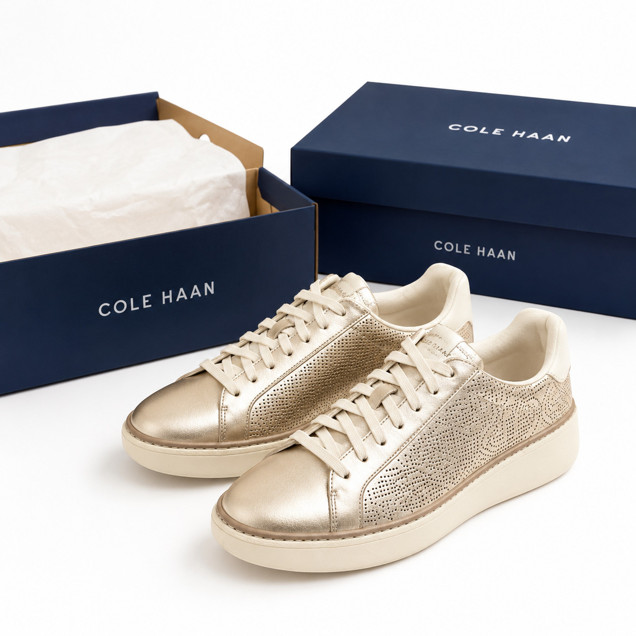 Cole Haan GrandPro Women Sneakers Size 8.5B Gold Leather Platform Low Top Shoes