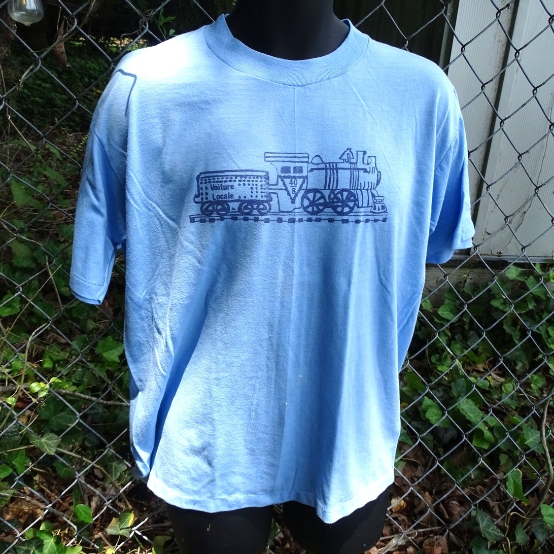 Vintage 1980s 40&8 Voiture Locale Train T-Shirt XL Single Stitch Blue Railroad