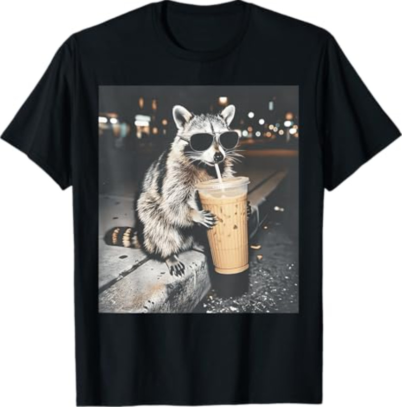 Raccoon Drinking Iced Coffee Funny Animal Meme T-Shirt