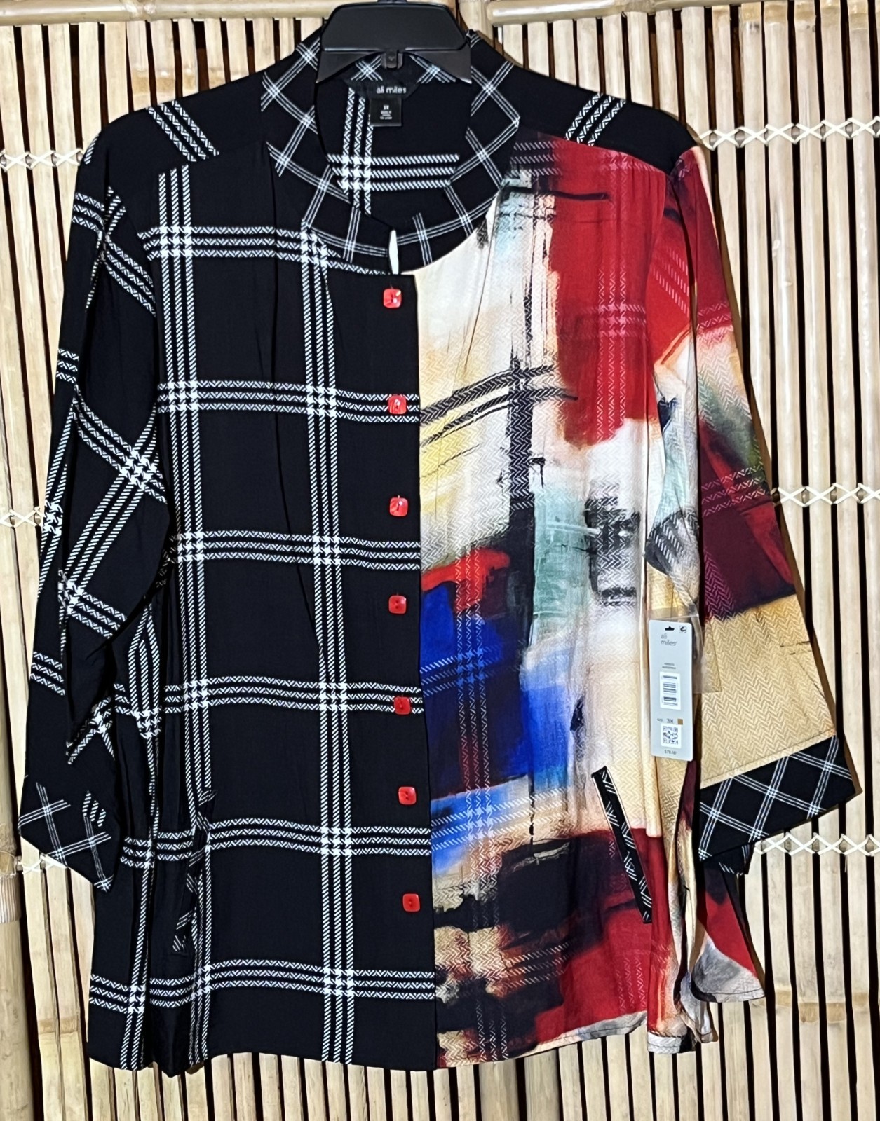 NWT ALI MILES 3X Woven Abstract Multi Checked Stand Collar Button Tunic Top