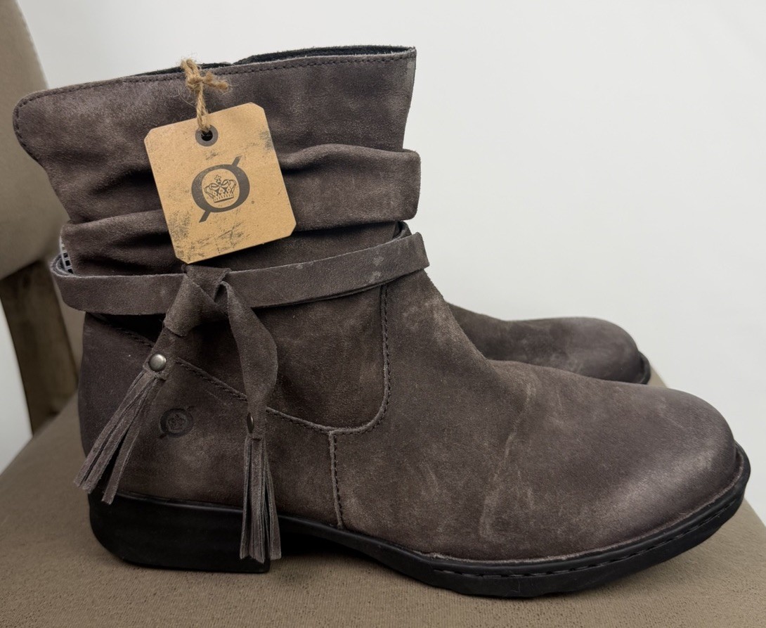 Born Kenya Ankle Boots Booties Shoes Size 11 Womens Taupe Suede Zip Up Tassels