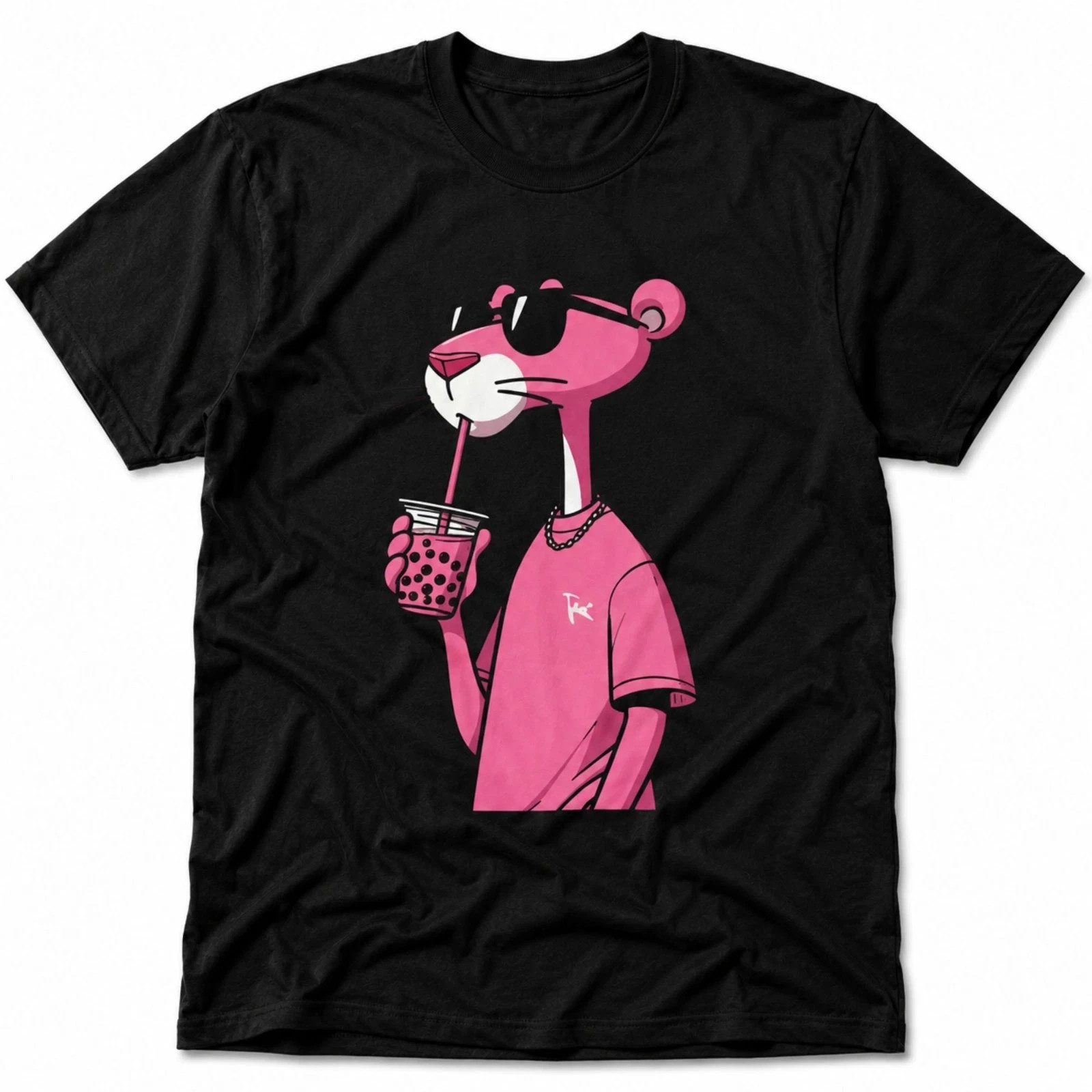 Pink Cartoon Panther Drinking Boba Funny Graphic T-Shirt Gift For Fan DH1516