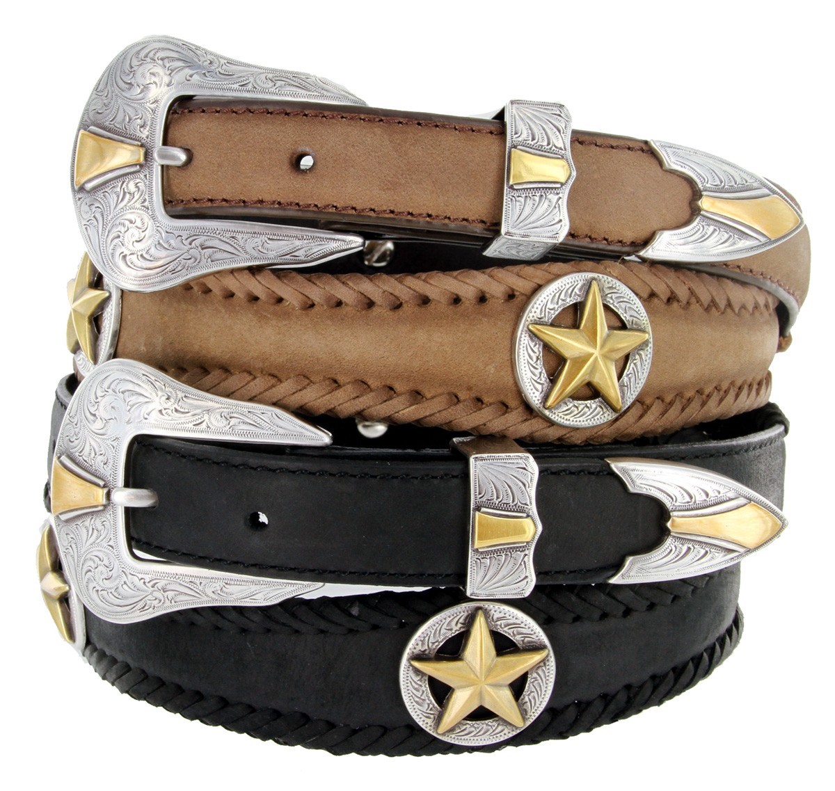 Gold Star Conchos Crazy Horse Scalloped Genuine Leather Western Cowboy Belt