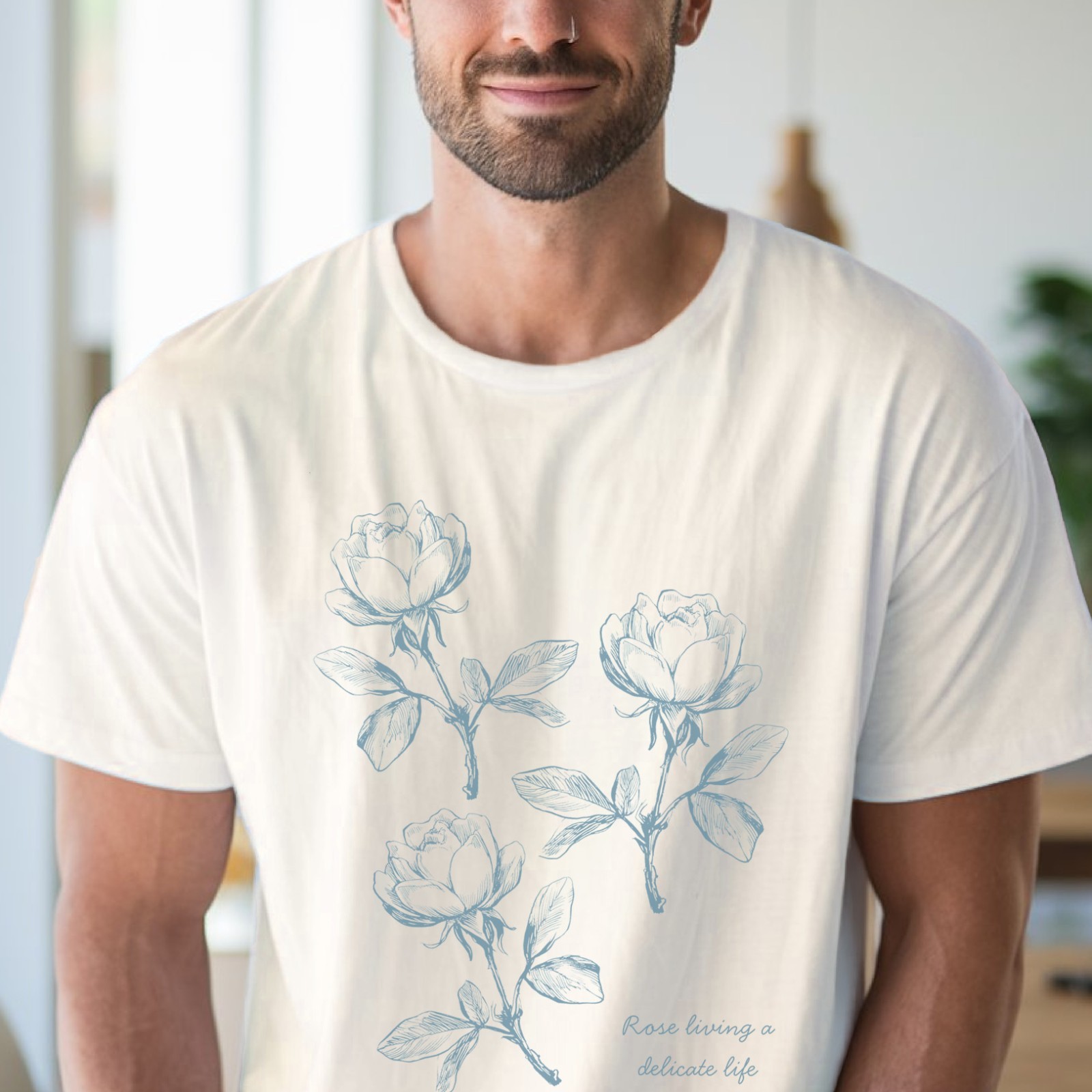 Rose Drawing TShirt Blue Floral Graphic Botanical Soft Cotton Shirt Flower Sketc