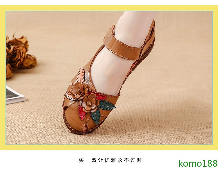 Women Floral Leather Sandals Closed Toe Ankle Strap Non Slip Casual Flat Shoes