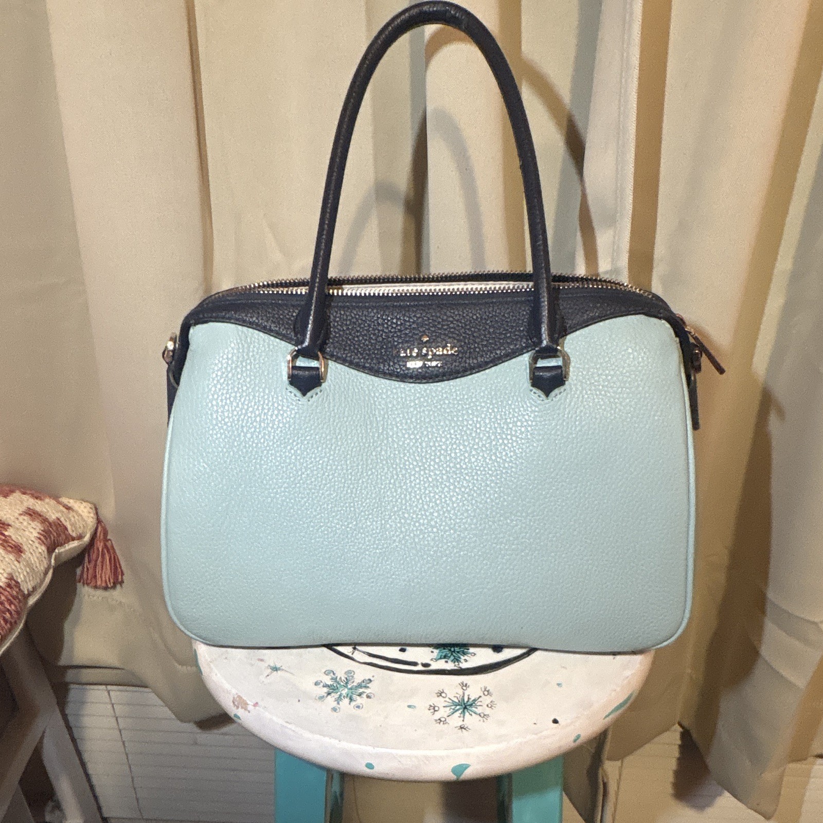 kate spade new york Blue Pebbled Zip Satchel Top Handle, Detachable Strap