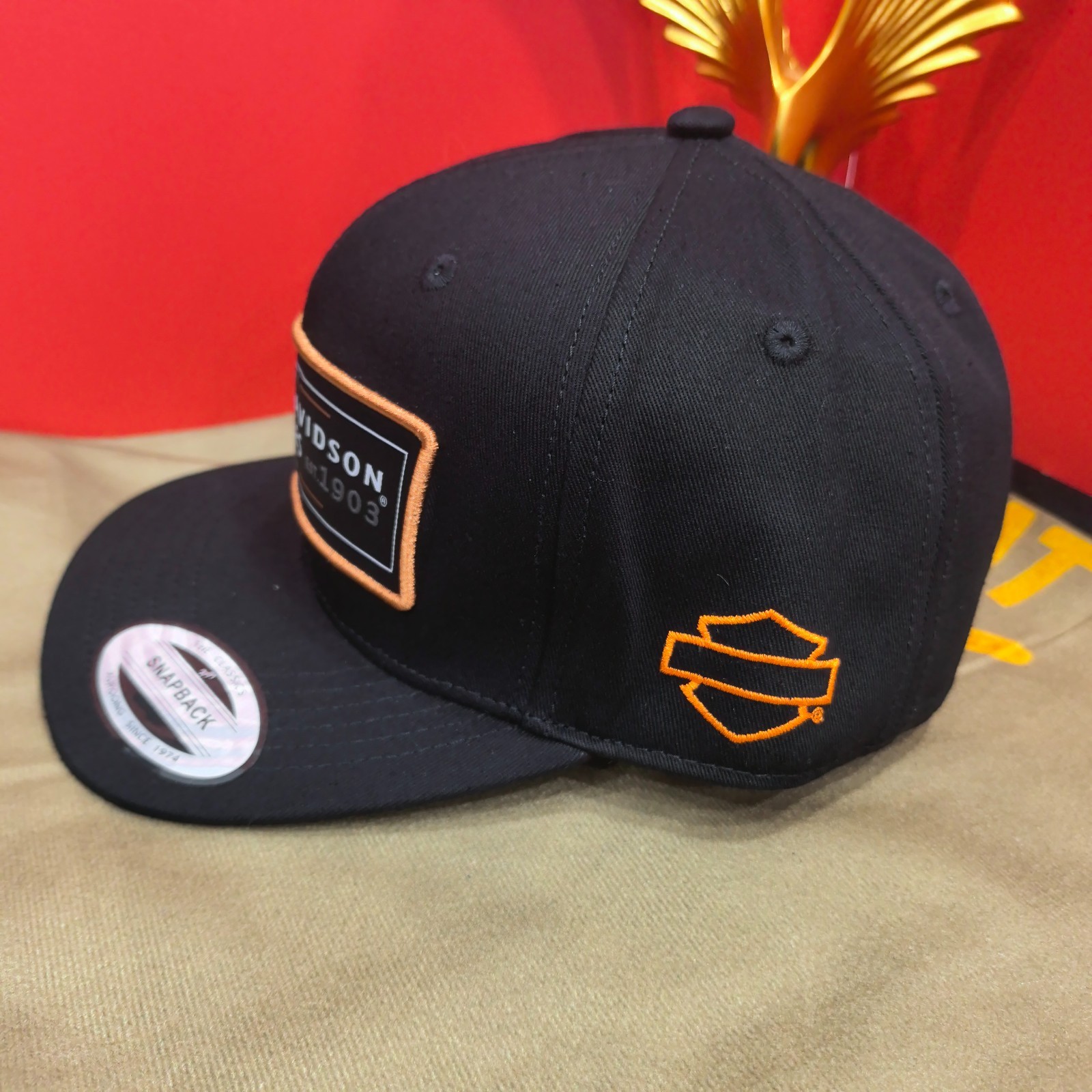 Harley-Davidson Orange-Bordered Patch Logo Flat-Brim Cap Black Adjustable