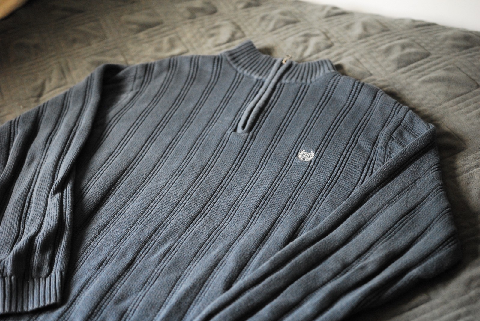 Chaps Ralph Lauren Quarter Zip Sweater Large Charcoal Gray Ribbed Knit Pullover