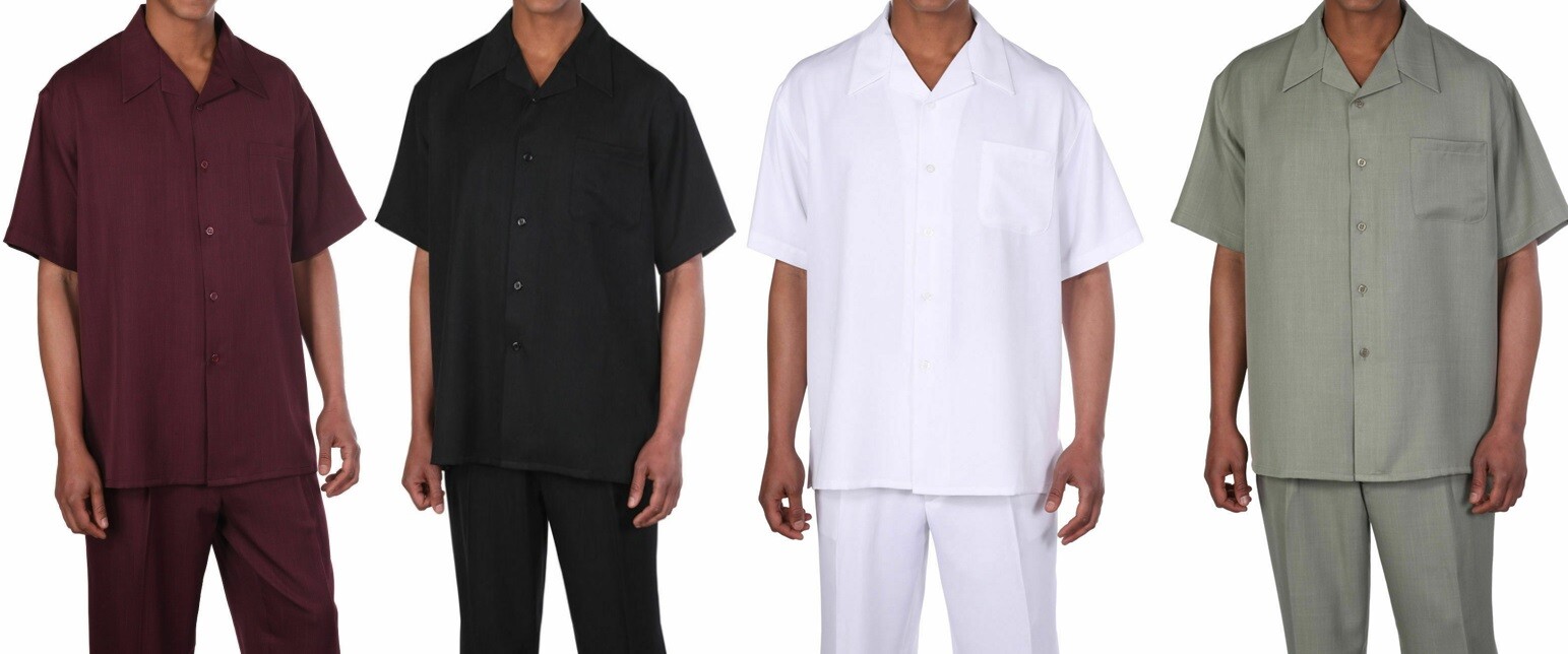 New Men’s 2pc Walking Suit Short Sleeve Casual Shirt & Pants Set Solid color 254
