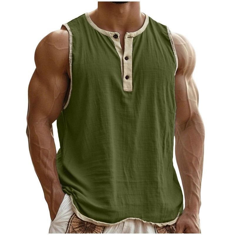 Men’s Sleeveless Henley Tank Top Casual Gym Workout Muscle Shirt Summer Vest