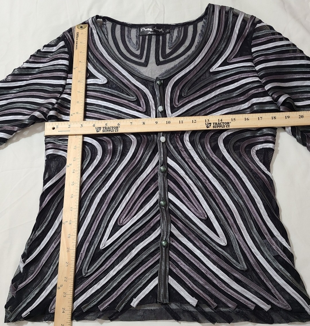 Pretty Angel L Sheer Mesh Jacket Abstract Geometric Ribbon Cardi Wearable Art