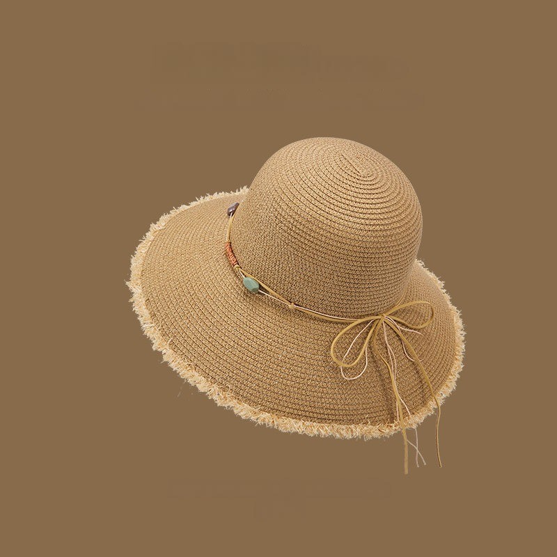 Women Natural Raffia Straw Bucket Hat Fringed Wide Brim Beach