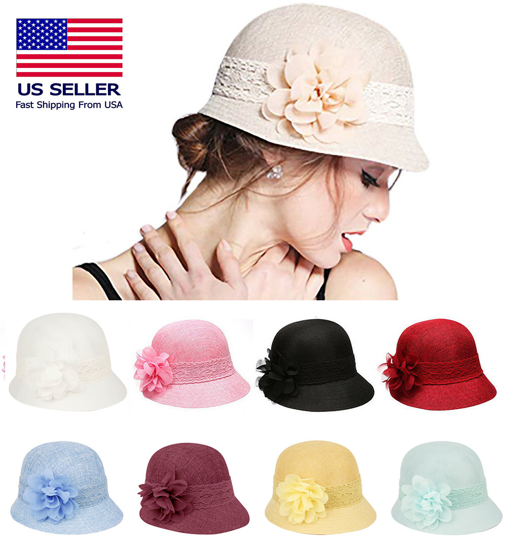 1920’s Inspired Women’s Gatsby Linen Cloche Hat With Lace Band and Flower