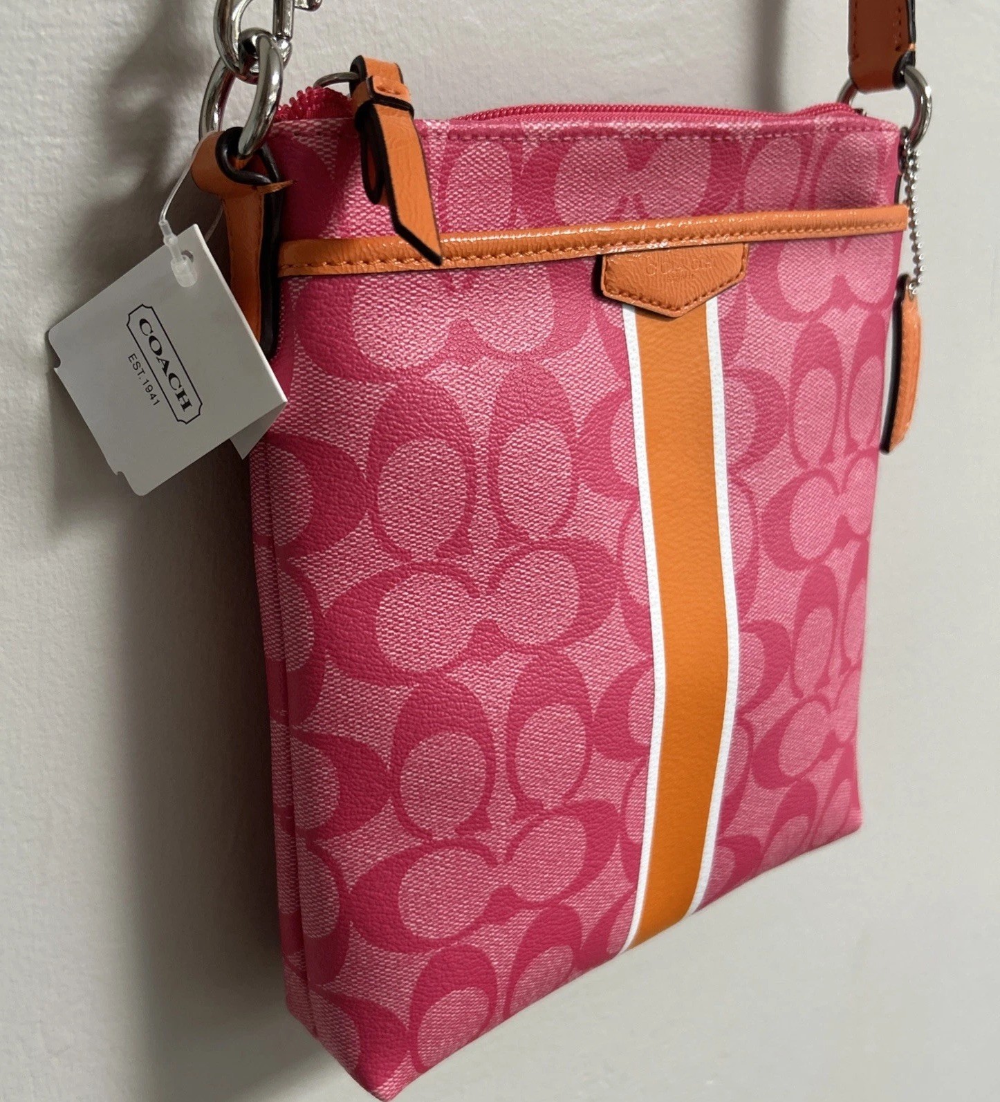 NWT COACH Signature MESSENGER CROSSBODY BAG PINK Orange Carrier Purse Swingpack