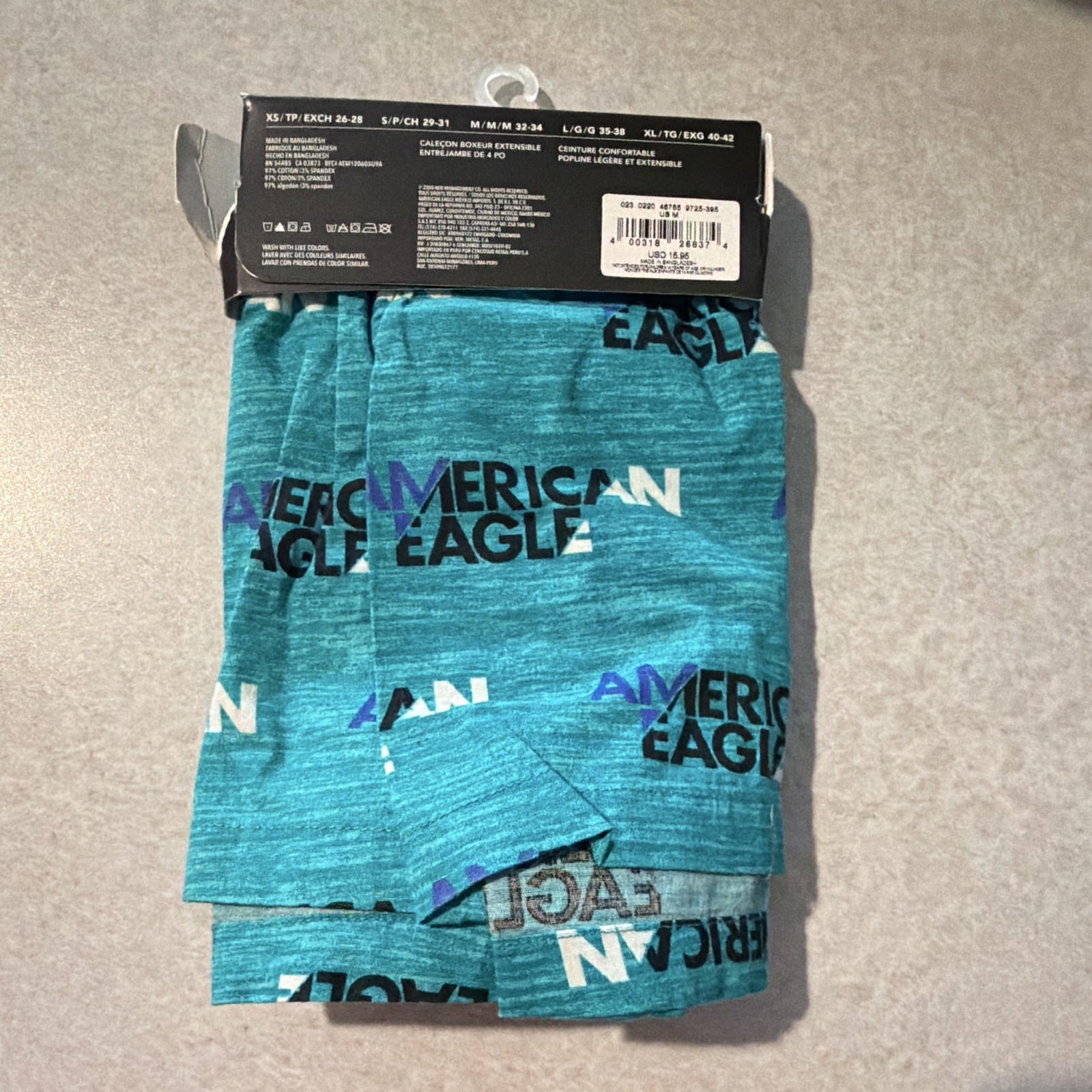 American Eagle Stretch Boxer M Teal Poplin Cotton Blend Logo Comfort Waistband