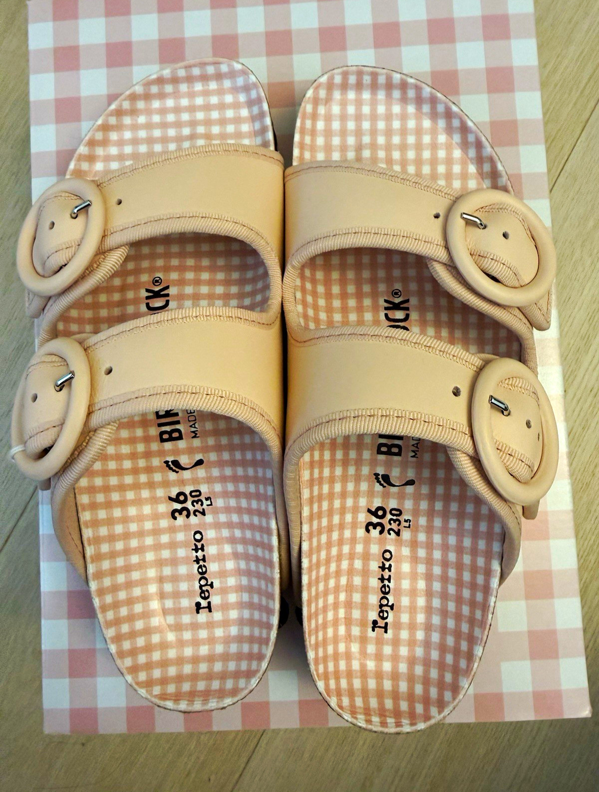 Birkenstock Pink Gingham Leather Slide Sandals Buckle Strap Narrow US 6 EU 36
