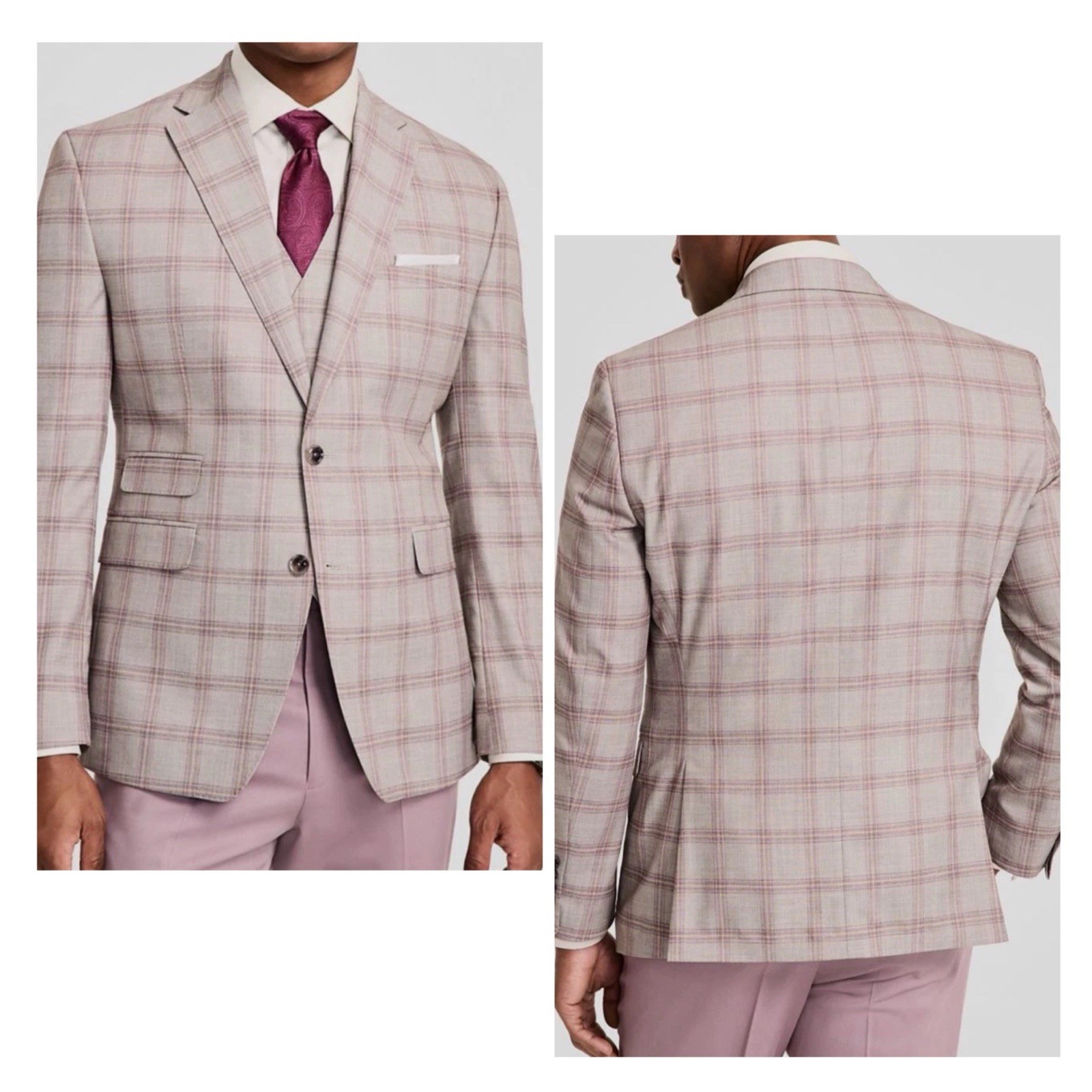 Tayion Men 42L Regular fit Suit Jacket Blazer Tan Maroon Plaid New NWT