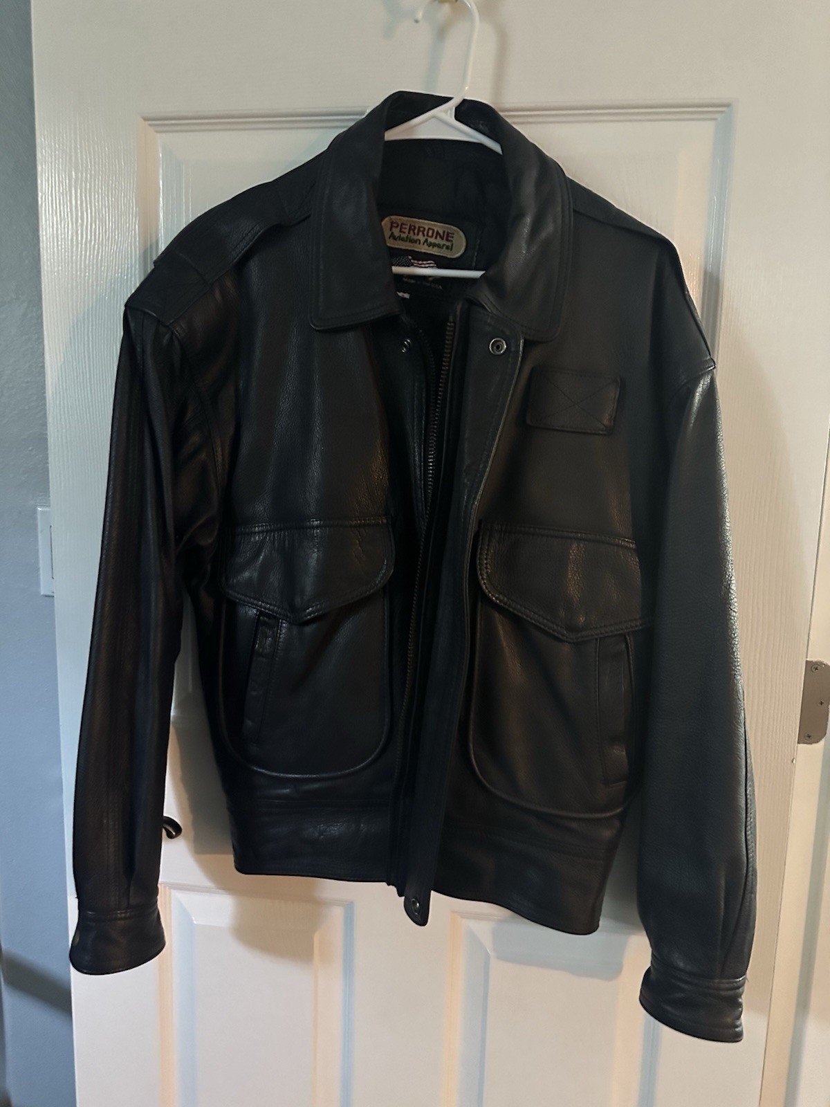 Vintage Perrone Aviation A2 & G1 Black Leather Bomber Jacket Size s