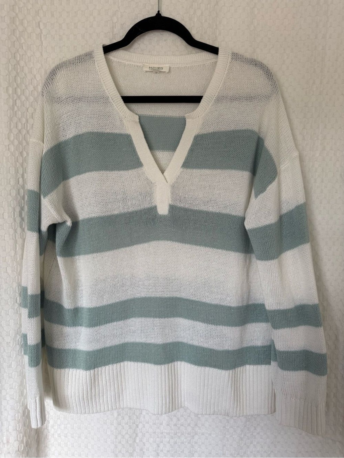 Haven Well Within Linen Cotton Stripe V-Neck Sweater Size L Coastal Blue