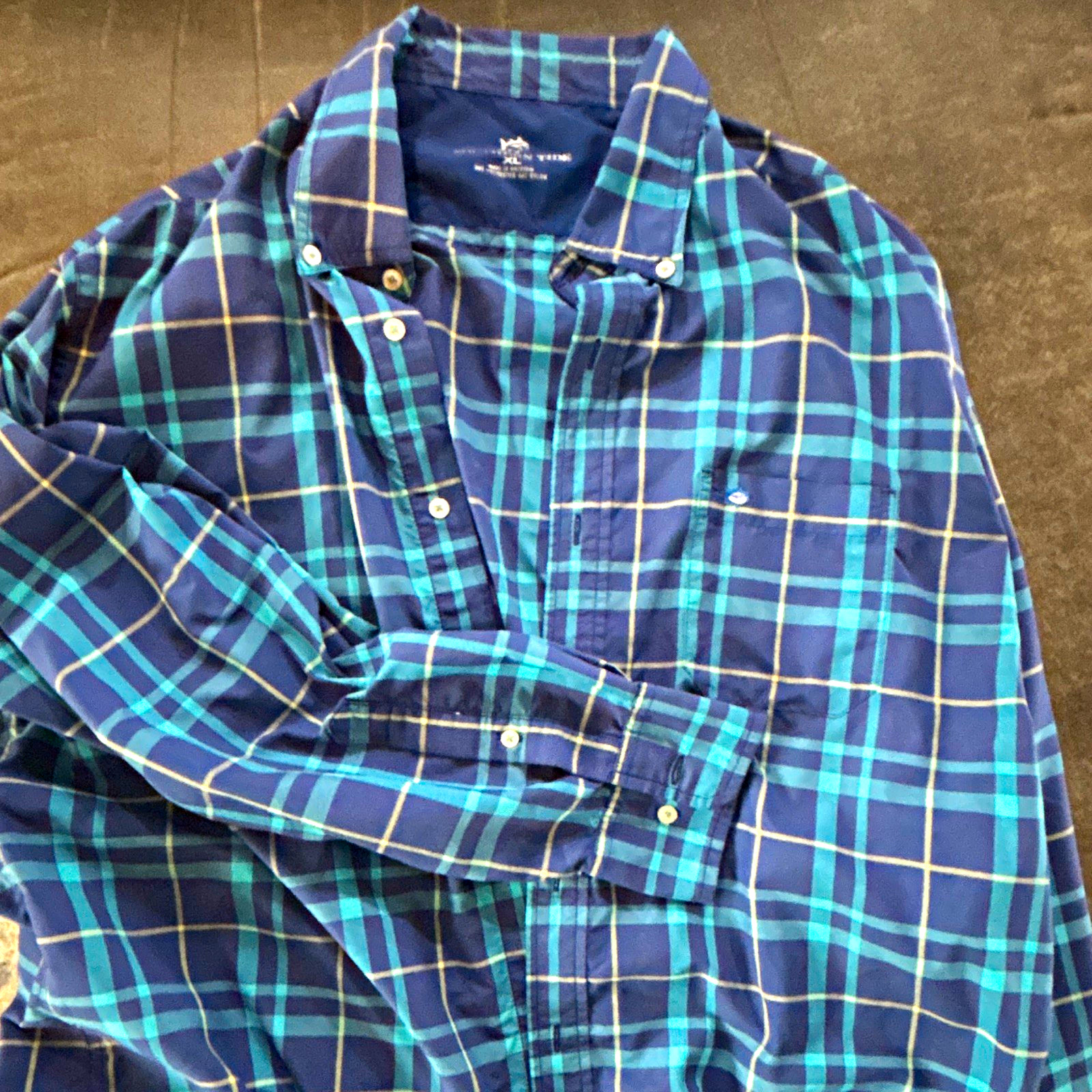 Southern Tide Mens XL Blue Green Plaid Long Sleeve Button-Down Shirt Pockets