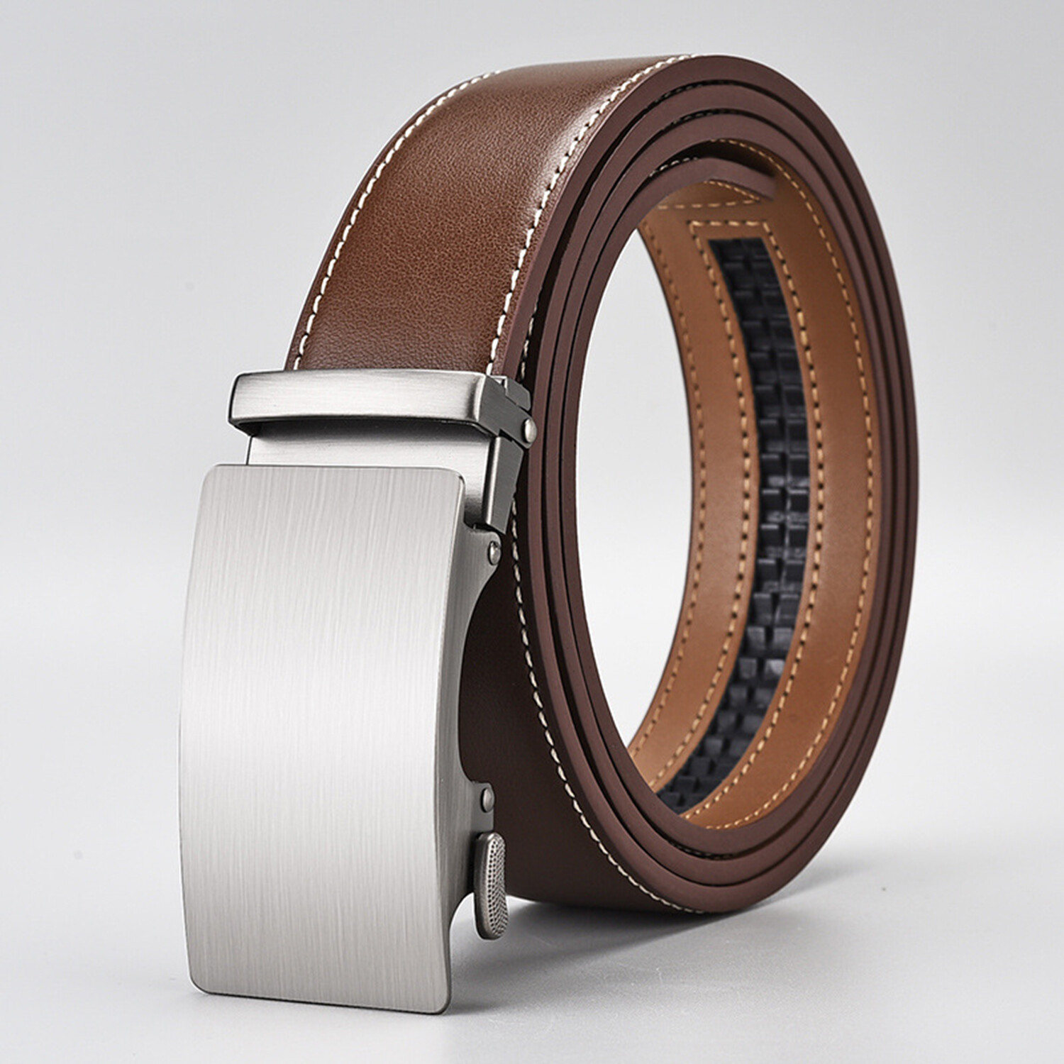 Mens Genuine Leather Ratchet Belts Adjustable Automatic Buckle Size 30-42 Brown