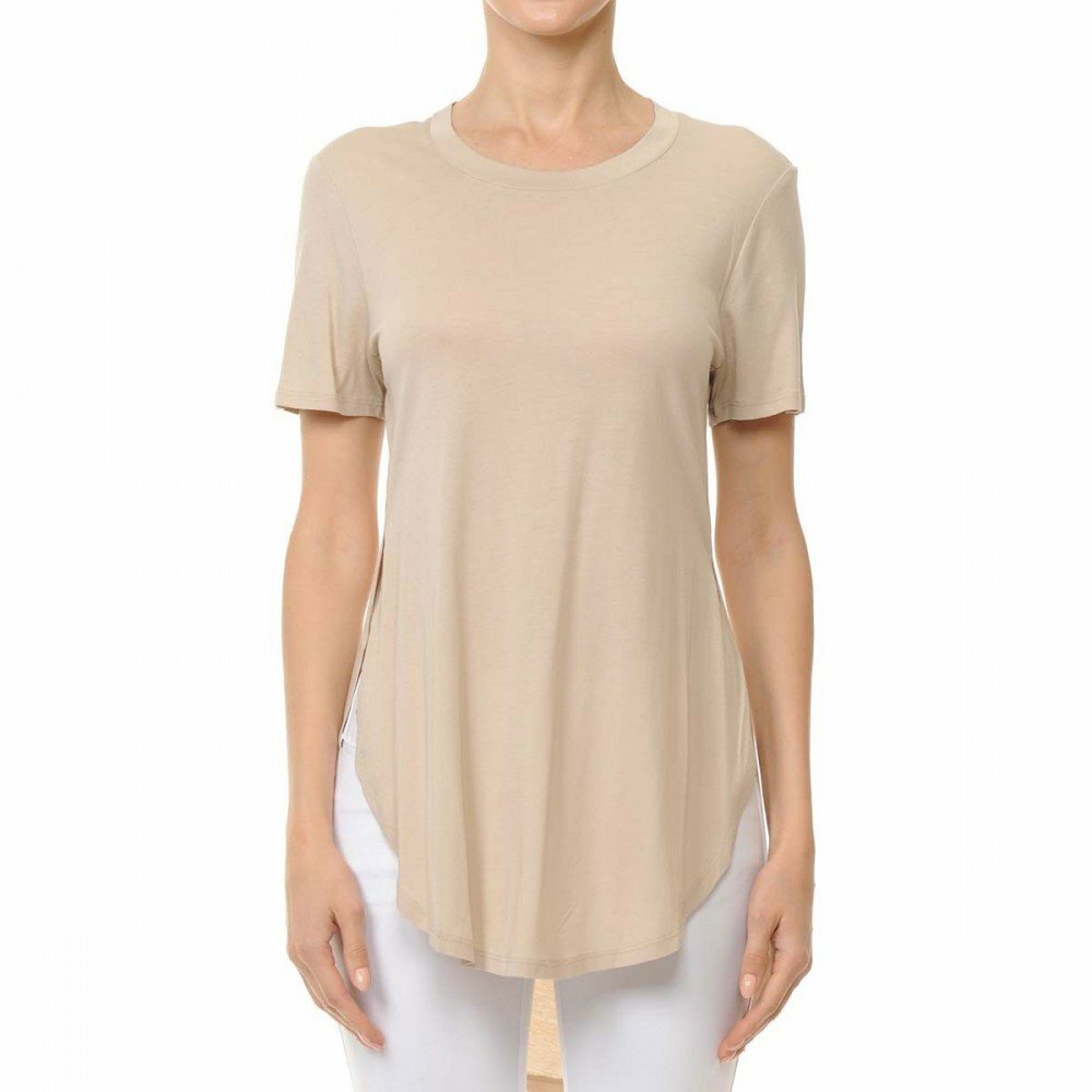 Overlapping Side Slit Round Neck Short Sleeve Loose Fit Top 69411