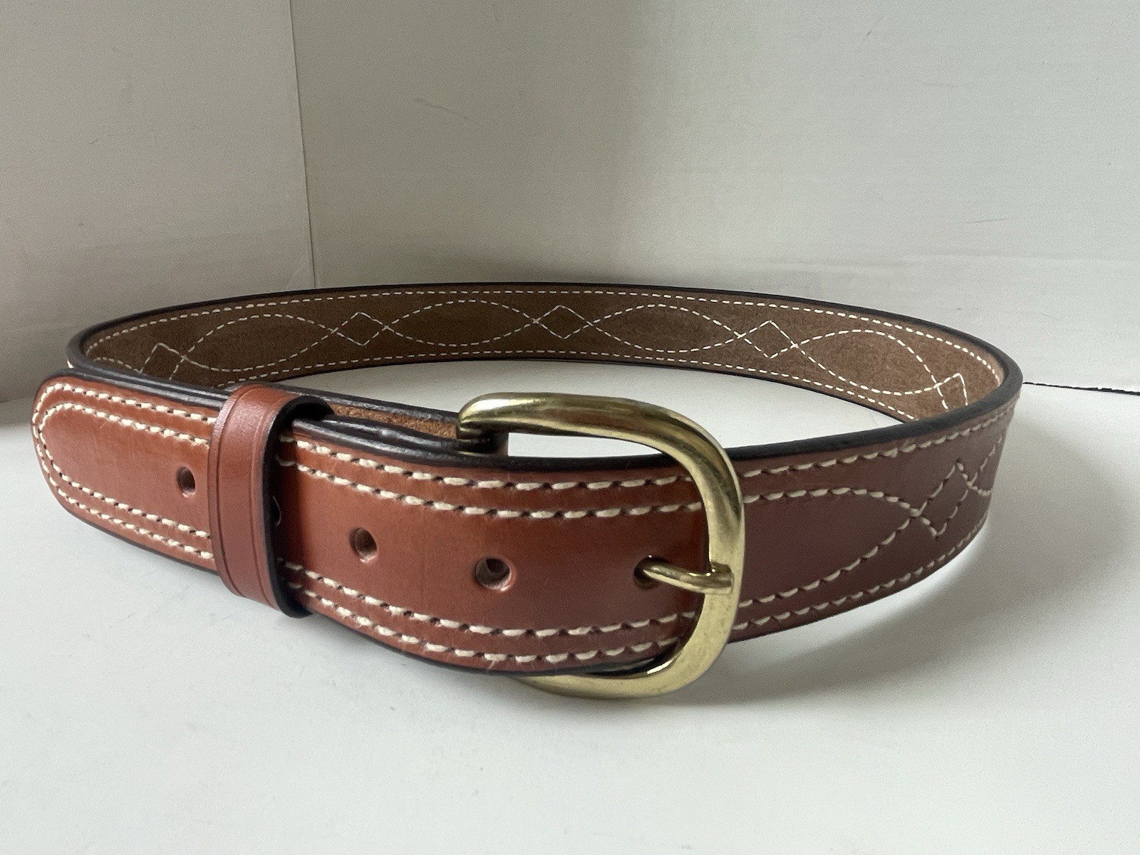 Triple K Leather Stitched Belt Size 34 Brown Brass Colored Buckle With Loop USA