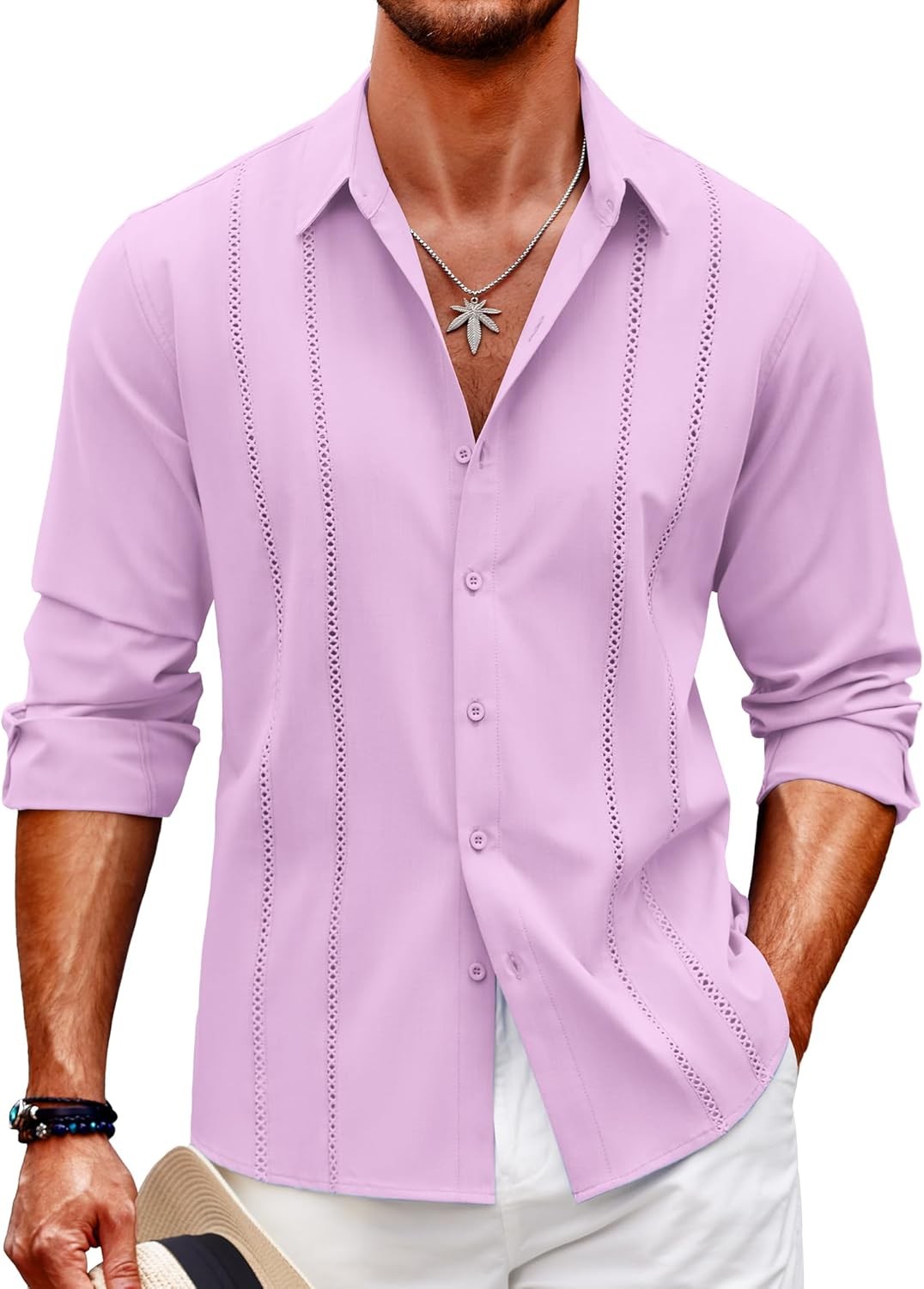 Coofandy Mens Cuban Guayabera Shirt Casual Button Down Shirts Long Sleeve Summer