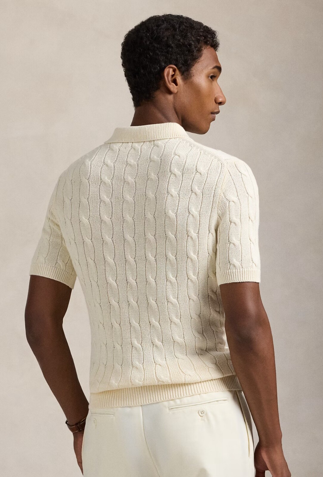 NWT Polo Ralph Lauren Cream Cotton Cable Knit Polo-Collar Short Sleeve Sweater