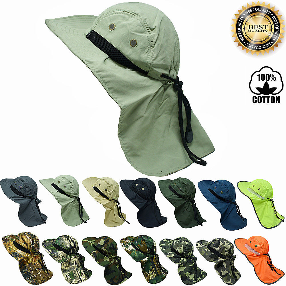 Mens Womens Boonie Snap Hat Sun Wide Brim Neck Flap Cap 100% Cotton Bucket Hats
