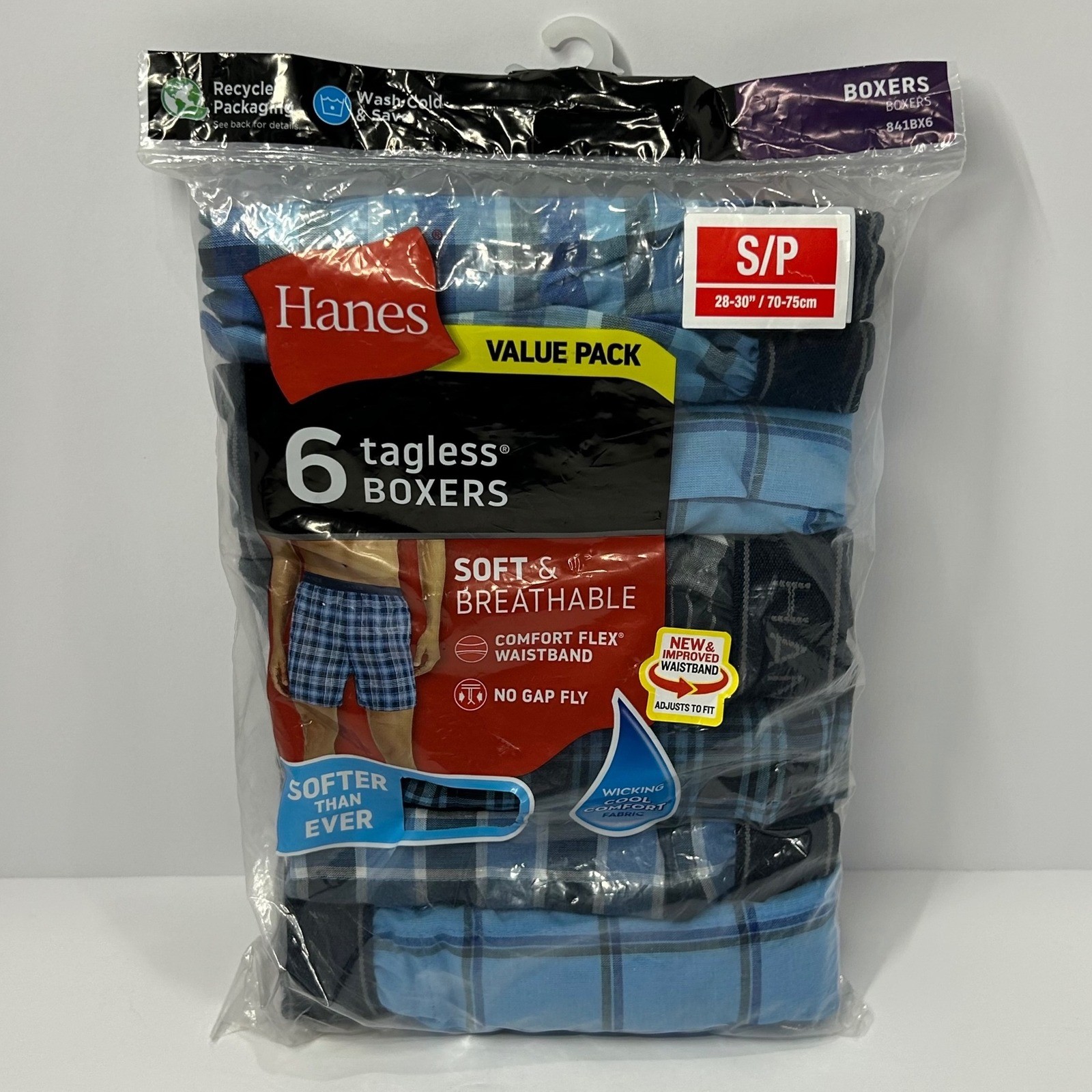 Hanes Mens 6 Pack Tagless Boxers Blue Grey Plaid Small 28-30