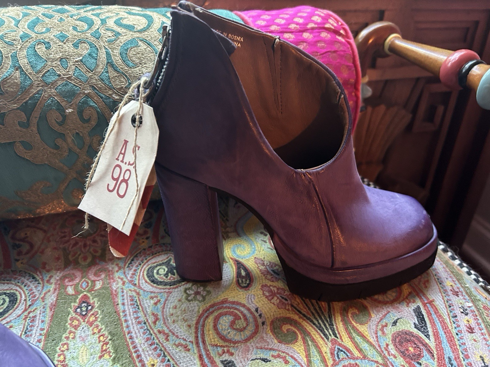 A.S.98 Women’s Purple Leather Platform Ankle Boots Round Toe Zip 8.5