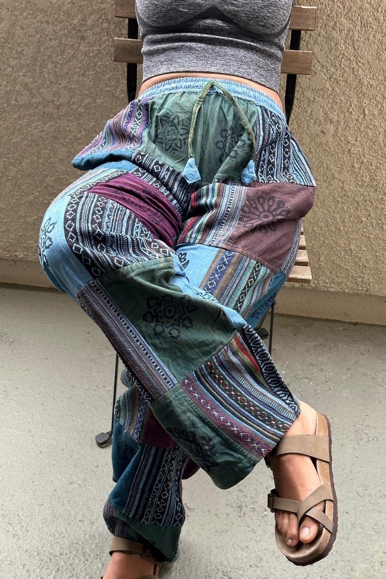 Patchwork Hippie Pants with Pockets and Elastic Waist, Boho Pants