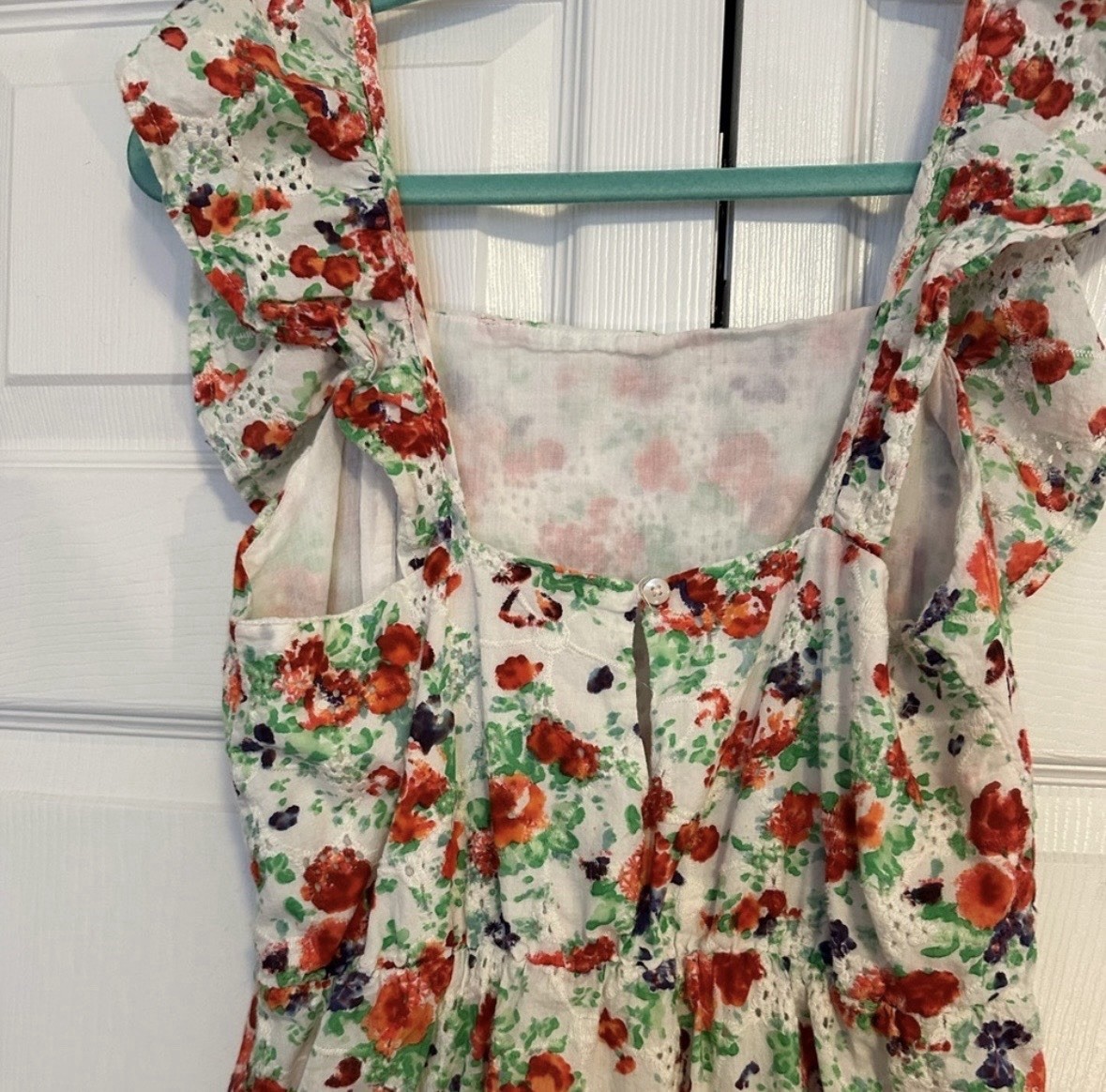 Blue Rain White Floral Square Neck Ruffle Puff Sleeve Mini Dress S