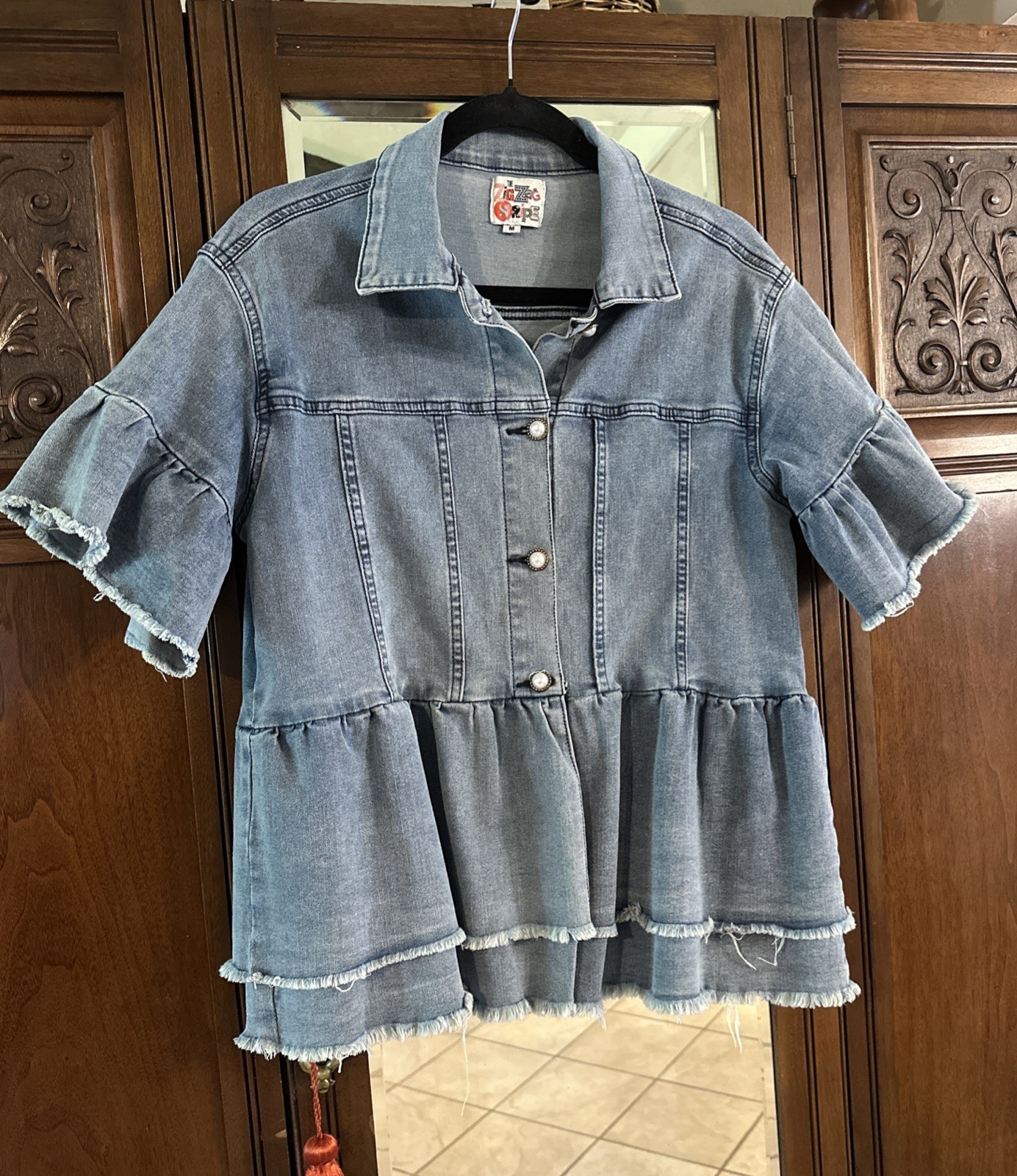 Zig Zag Stripe Short Sleeve Stretch Denim Jacket Frayed Tiered Hem Size M