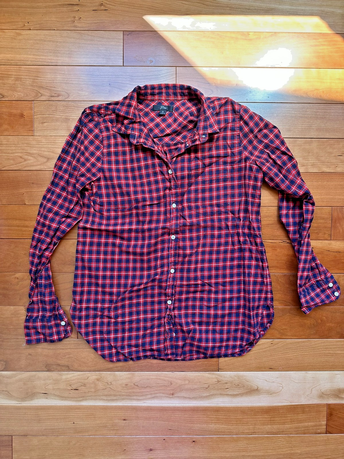 J.Crew Red Navy Blue Plaid Cotton Button Down Shirt Womens Size 6 Long Sleeve