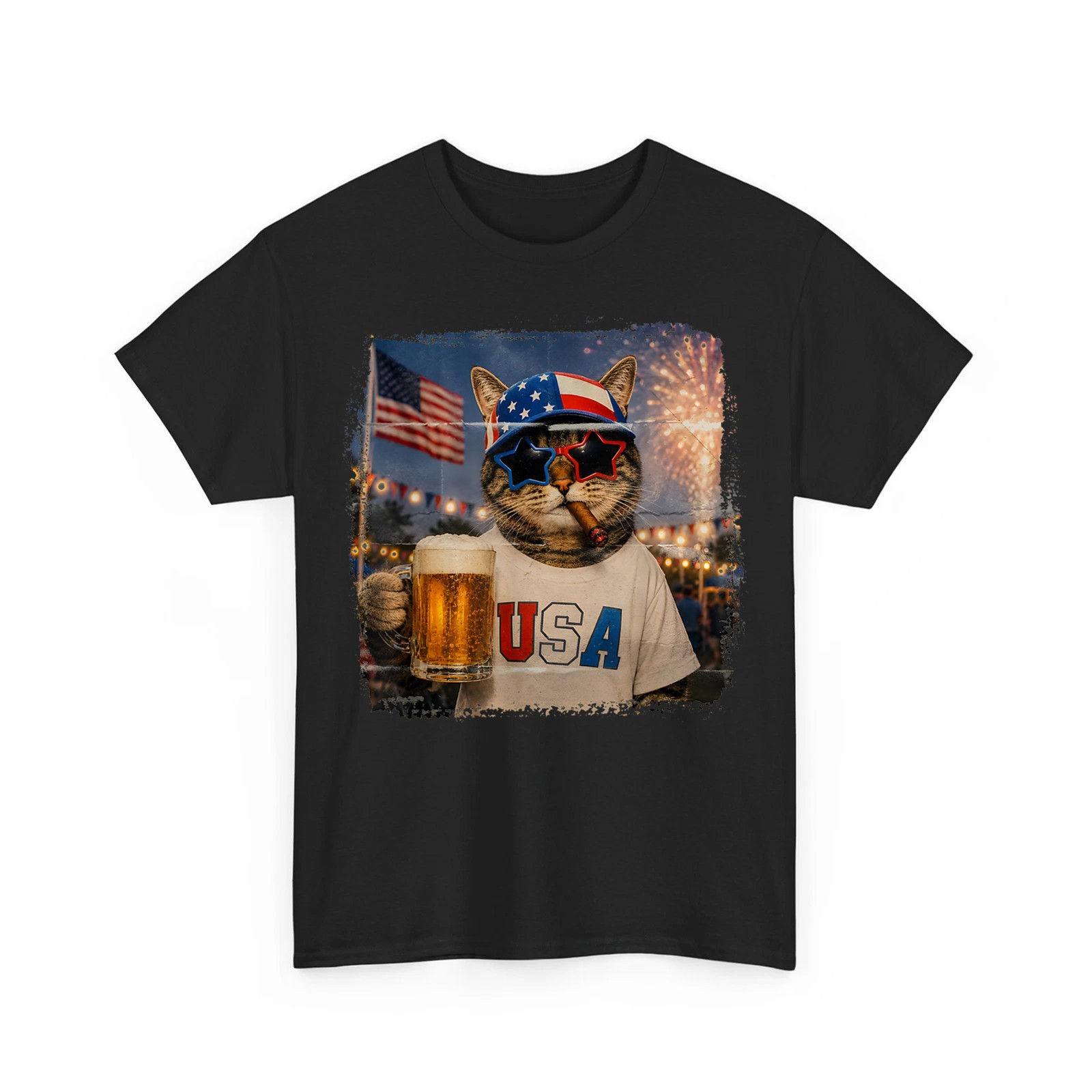 Funny 4th of July Firework Beer Drinking Cat USA 250th Anniversary T-Shirt