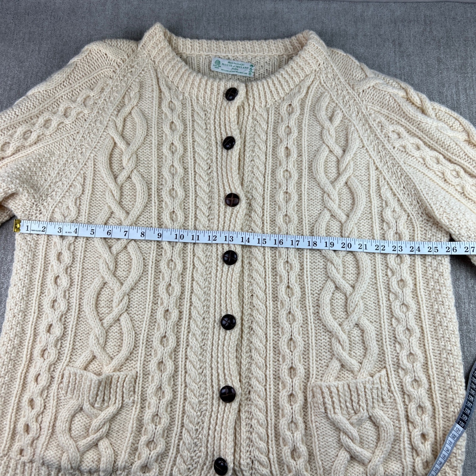 House of Ireland Aran Cardigan Mens XL Cream Pure Wool Hand Knitted Fisherman